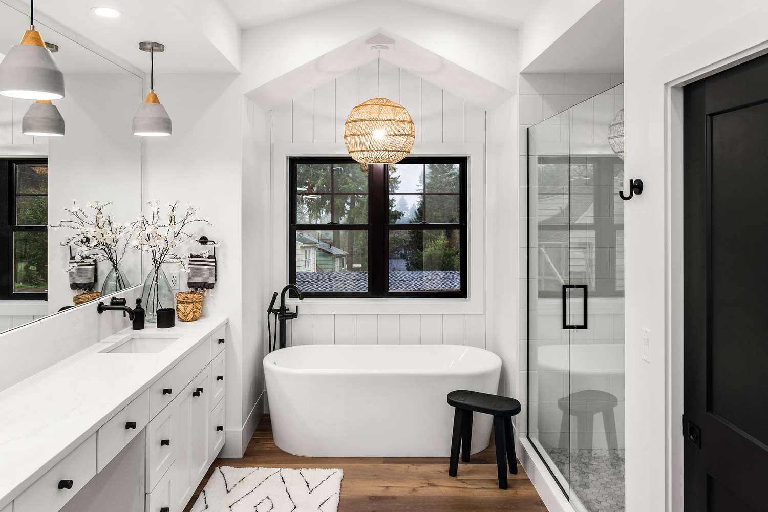 Bright bathroom with soaking tub cleaned by Silver Lining